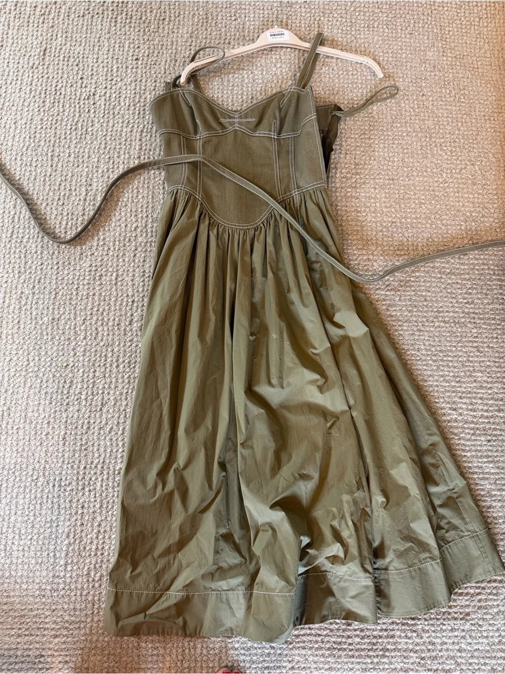 Tory Burch Olive Green Cotton Twill Dress with Tie-Strap Bodice